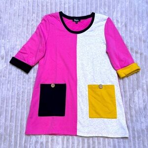 D DESIGN Lagenlook Art to Wear A-Line Tunic Top in Pink, Yellow, Gray & Black M